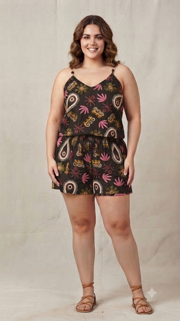 COMPLETO FANTASIA CON DETTAGLI PIETRE BRETELLE E LACCETTO SHORTS