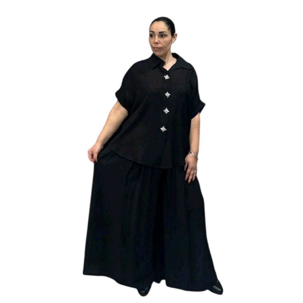 COMPLETO CAMICIA CON SPILLE STRASS E PANTALONE GAMBA LARGHISSIMA