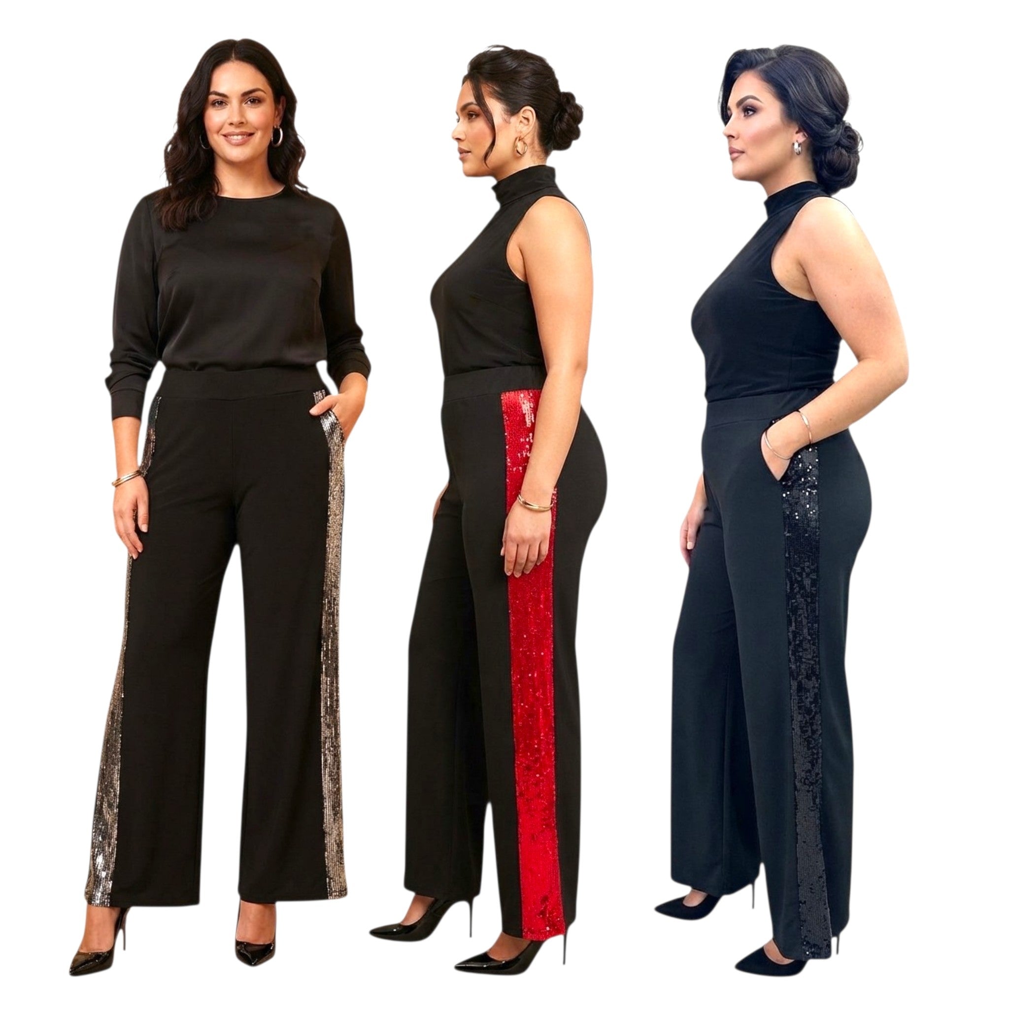 PANTALONE PALAZZO CON FASCE LATERALI PAIETTES BY PERTOM