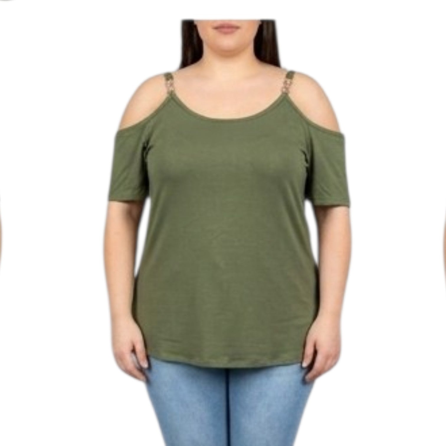 MAGLIA A MANICHE CORTE CON DESIGN "COLD SHOULDER" (SPALLE SCOPERTE). CON DETTAGLIO SPALLINA DECORATIVA COLOR ORO CON STRASS