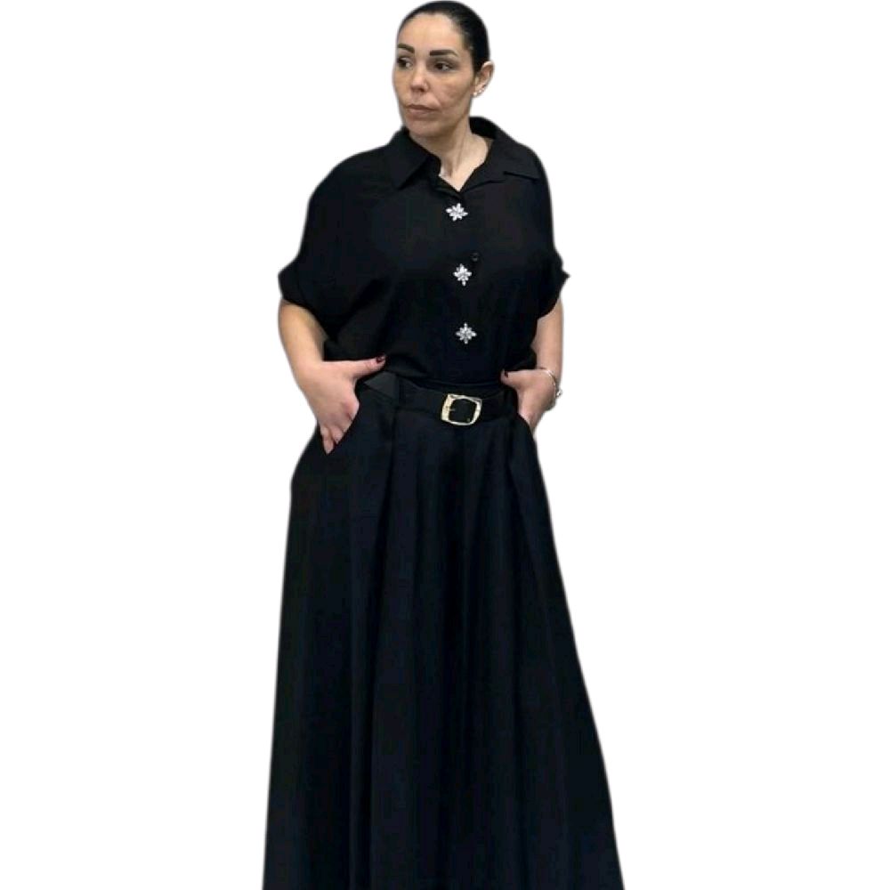 COMPLETO CAMICIA CON SPILLE STRASS E PANTALONE GAMBA LARGHISSIMA