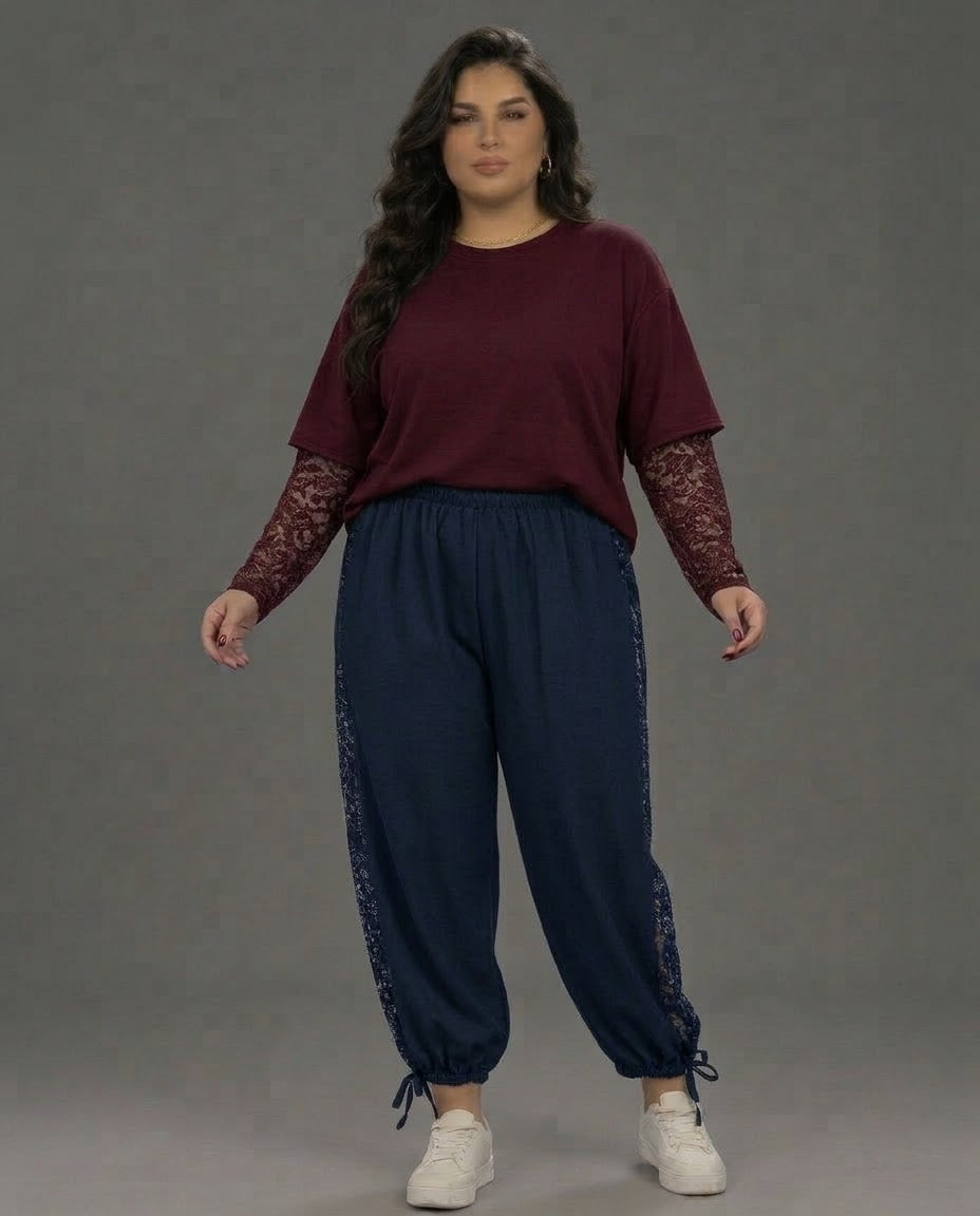 PANTALONI ART. 8404 A PALAZZO CON SPICCHIO DI MERLETTO SUI FIANCHI