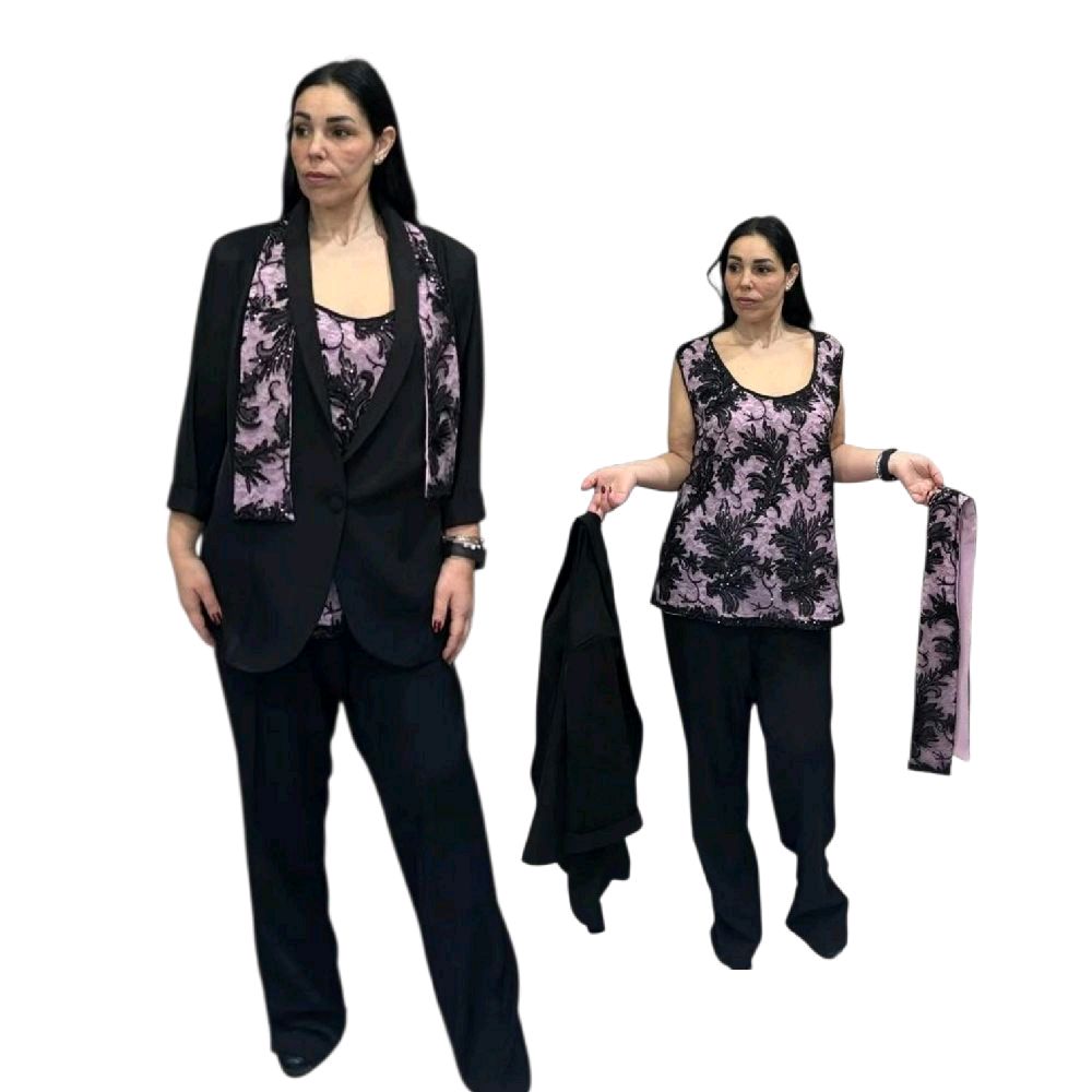 TAILLEUR CON CANOTTA E FOULARD IN PAIETTES