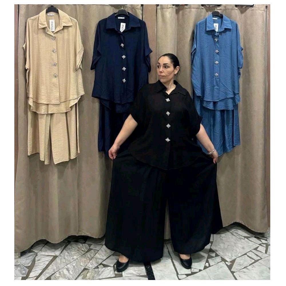 COMPLETO CAMICIA CON SPILLE STRASS E PANTALONE GAMBA LARGHISSIMA